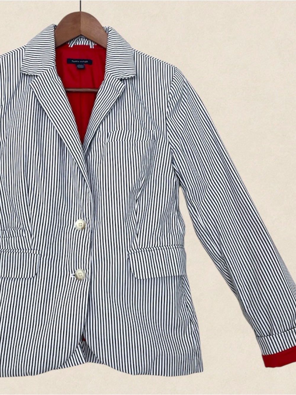Tommy Hilfiger Pinstripe Blazer Jacket Cotton Blend Preppy Nautical Coastal Med